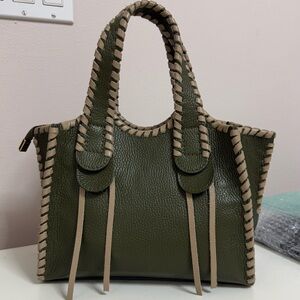 Genuine Leather Olive Green and Tan Handbag
